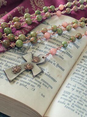 Rain of Roses Rosary, Unakite and Copper